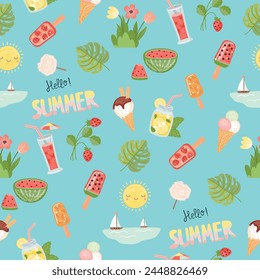 Summer cartoon seamless pattern with cooling drinks and ice cream,fresh fruits.Watermelon, strawberry, lemonade, flowers, seascape, tropical leaves.Colorful print on fabric and paper.Vector design.