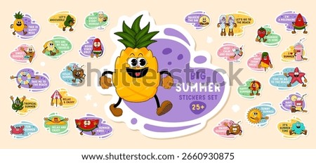 Summer Cartoon Sticker Mega Set. Cute Comic Characters in Y2K Retro Style, Funny Doodle Patches and Labels. Trendy Vibrant Design for Summer Holidays, Travel and Beach Themed Projects
