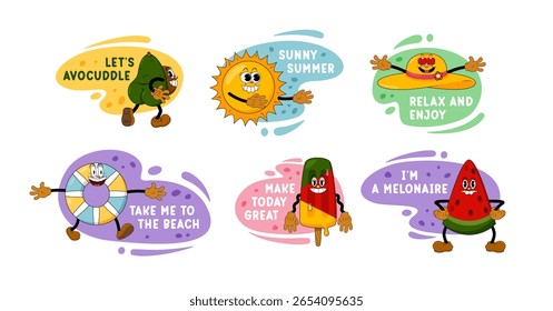 Conjunto de pegatinas de dibujos animados de verano. Personajes cómicos lindos en estilo retro Y2K, parches y etiquetas divertidos de Doodle. Diseño vibrante de moda para Días festivos de verano, viajes y proyectos temáticos de playa
