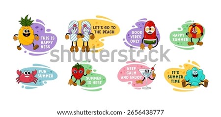 Summer Cartoon Sticker Set. Cute Comic Characters in Y2K Retro Style, Funny Doodle Patches and Labels. Trendy Vibrant Design for Summer Holidays, Travel and Beach Themed Projects