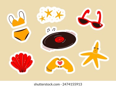 Summer cartoon stickers set. Seasonal elements collection. Hand drawn vector illustration.