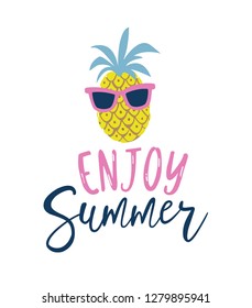 Summer cartoon style pineapple in sunglasses label, logo, hand drawn tags and elements for summer holiday, travel, beach vacation, sun. Vector illustration.