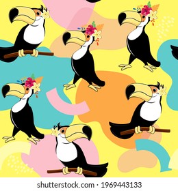 Summer cartoon toucan. Vector illustration seamless pattern on a yellow background. Doodle animals. Print for t-shirt, wallpaper