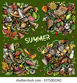 Summer cartoon vector doodle designs set. Colorful detailed compositions with lot of season objects and symbols. All items are separate