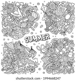 Summer cartoon vector doodle designs set. Sketchy detailed compositions with lot of season objects and symbols. All items are separate