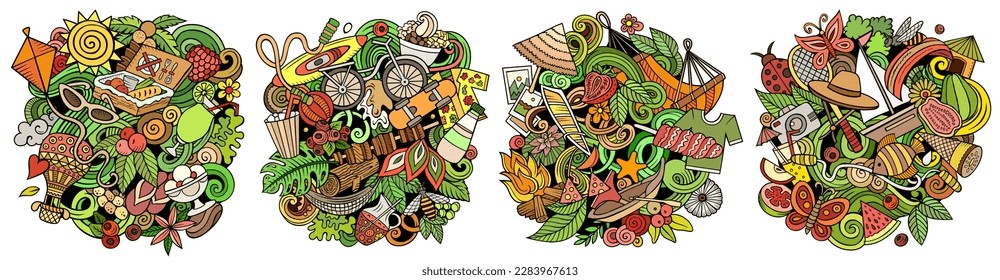 Diseños de dibujos animados de verano para el doodle vectorial. Coloridas composiciones detalladas con muchos objetos y símbolos de verano. Isolación en ilustraciones blancas