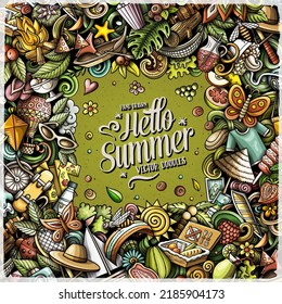 Summer cartoon vector doodles frame. Summertime border design. Season elements and objects background. Bright colors funny picture. All items are separated