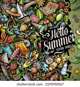 Summer cartoon vector doodles frame. Summertime border design. Season elements and objects background. Bright colors funny picture. All items are separated