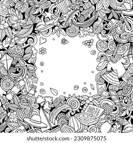 Summer cartoon vector doodles frame. Summertime border design. Season elements and objects background. Sketchy funny picture. All items are separated