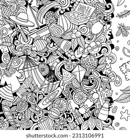 Summer cartoon vector doodles frame. Summertime border design. Season elements and objects background. Sketchy funny picture. All items are separated