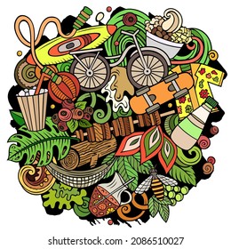 Summer cartoon vector doodles illustration. Summertime design. Season elements and objects background. Bright colors funny picture. All items are separated