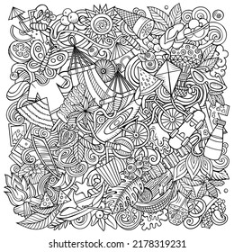 Summer cartoon vector doodles illustration. Summertime poster design. Season elements and objects background. Line art funny picture. All items are separated