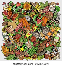 Summer cartoon vector doodles illustration. Summertime poster design. Season elements and objects background. Bright colors funny picture. All items are separated