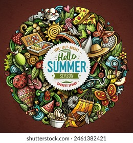 Summer cartoon vector doodles illustration. Summertime poster design. Season elements and objects background. Bright colors funny picture. All items are separated