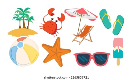 Summer cartoon vector icon set. Simple inflatable ball, sunglasses, starfish, ice cream, island with palm trees, crab, beach chair and flip flops. Beach symbols collection.