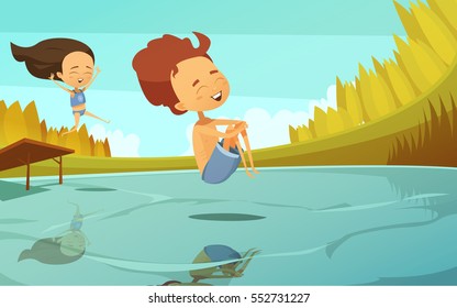 Summer cartoon vector illustration in flat style with couple of kids jumping into lake from small trampoline  