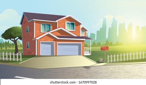 Summer Cartoon Vector Illustration Of Modern Cottage House Among Trees In The Green Countryside Field Outside Of The Town.