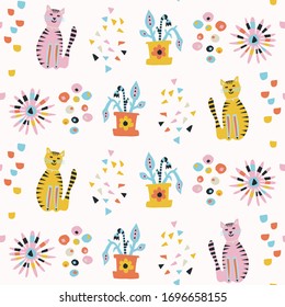 Summer cat floral blooms seamless vector background pattern. Stylized paper cut out flower kitty doodle texture. Kawaii cute kids decor swatch. Decorative bright japanese stationery all over print
