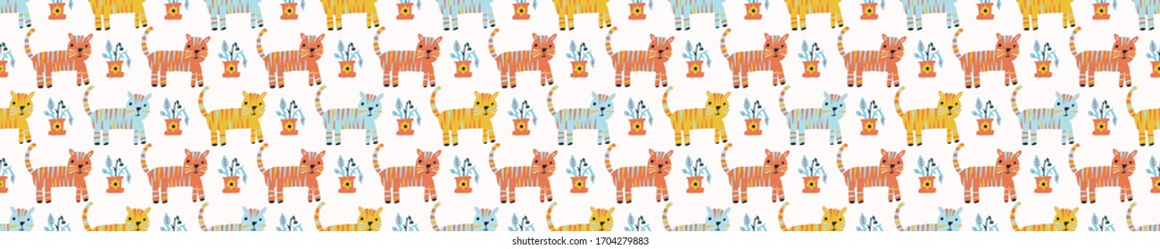 Summer cat floral blooms seamless vector border pattern. Stylized paper cut out flower kitty doodle banner background. Kawaii cute kids decor ribbon. Decorative bright japanese scandi washi tape 