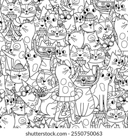 Summer cats black and white seamless pattern. Cute feline characters background for coloring book. Vector illustration