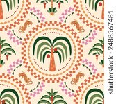 Summer ceramic tile pattern with tropical palm tree, leopard animal, checkered round shapers. Cute vector jungle print, funny beach background, damask ornament, botanical exotic textile design, safari