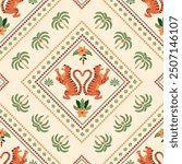 Summer ceramic tile pattern with tropical palm tree, Asian tiger animal, checkered geometric shapers. Cute vector jungle print, funny beach background, damask rhombus ornament, textile design, mosaic