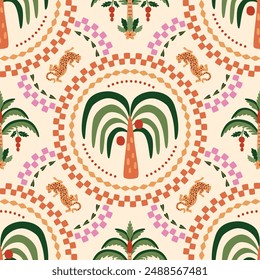 Summer ceramic tile pattern with tropical palm tree, leopard animal, checkered round shapers. Cute vector jungle print, funny beach background, damask ornament, botanical exotic textile design, safari