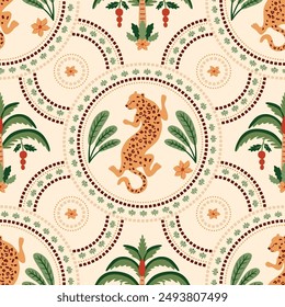 Summer ceramic tile pattern with tropical palm tree, leopard animal, checkered round shapers. Cute vector jungle print, funny beach background, damask ornament, geometric textile design, mosaic safari