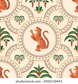 Summer ceramic tile pattern with tropical palm tree, Asian tiger animal, checkered round shapers. Cute vector jungle print, funny beach background, damask ornament, geometric textile design, mosaic