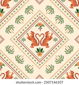 Sommerliches Keramikfliesenmuster mit tropischer Palme, asiatisches Tigertier, karierte geometrische Gestalter. Niedlicher Vektor-Dschungeldruck, lustiger Strandhintergrund, Damast-Rhombus-Ornament, Stoffdesign, Mosaik