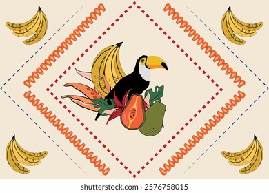 summer ceramic tile tropical pattern, toucan and tropical fruits, vector illustration for prints.