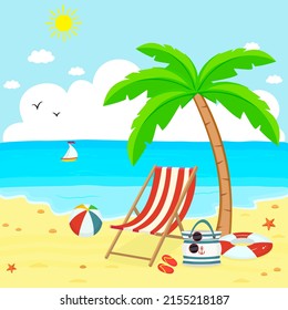 Summer chair, palm tree,bag,rubber ring,ball and sunglasses on the beach