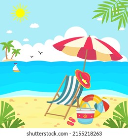 Summer chair, umbrella,bag,rubber ring,ball and hat on the beach