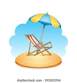 Summer chaise longue and umbrella on beach. Vector summer illustration