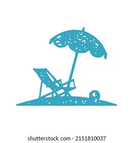 Summer chaise lounge with ball under umbrella beach leisure sunbathing relaxing hand drawn blue grunge texture vector illustration. Coast recreation luxury resort travel vacation isolated