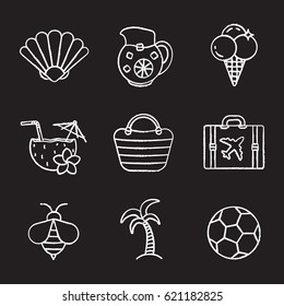 Summer chalk icons set. Seashell, lemonade jug, ice cream, beach cocktail, bag, palm tree, suitcase, bee, soccer ball. Summer vacations. Isolated vector chalkboard illustrations
