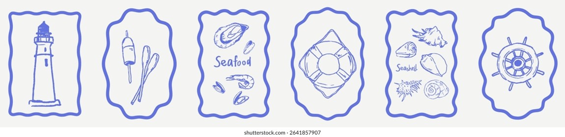 Summer chalk nautical poster set. Hand drawn marine wall print with rough crayon sketched elements. Coast sea vacation doodle vector illustrations for placard, invitation, menu. Lifebuoy, ship wheel.	