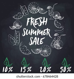 Summer chalk round frame with fresh cocktails and fruits. "Fresh summer sale" hand drawn inscription. Advertising sales 10%, 15%, 20%, 50%. Chalkboard background. 