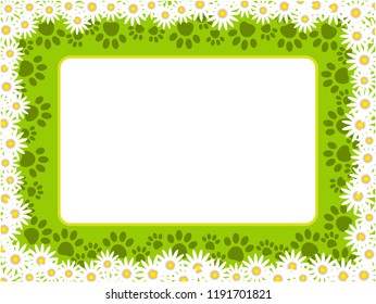Summer chamomile frame with cat paw prints and empty space for your text vector design blank template