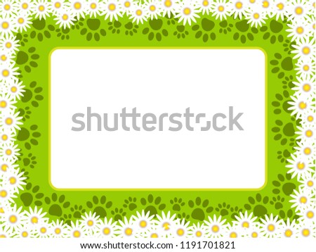 Summer chamomile frame with cat paw prints and empty space for your text vector design blank template