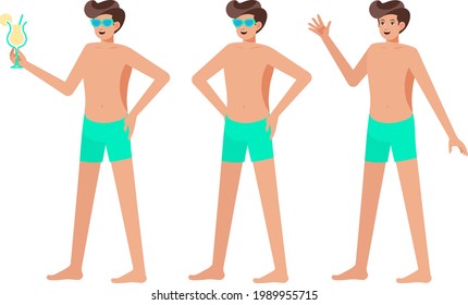 Summer Character - Amazing vector illustration of a happy boy in summer with beach outfit - Available in 3 poses holding drink, standing, and waving hand- Vector Character