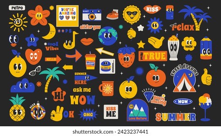 Summer character chat in retro groovy mood. Bundle  emblem and sticker with comic quote slogan. Vector avatar and icon in trendy color 90s