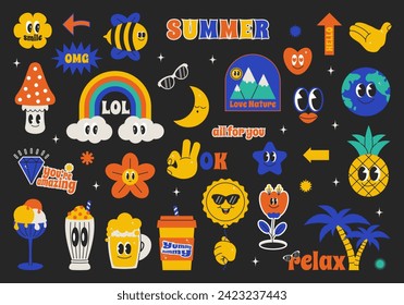 Summer character chat in retro groovy mood. Bundle  avatars with cool quote slogan. Vector emblems beverage, fruit and more in 90s