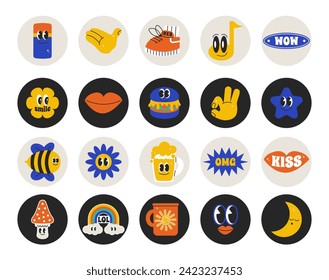 Summer character chat in retro groovy mood. Bundle patch and pack with cool quote slogan. Hippie vector labels in trendy color 90s