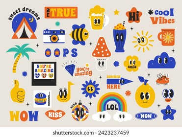 Summer character chat in retro groovy mood. Bundle  patch with comic quote slogan. Vector decoration drink, fruit and more in trendy 90s