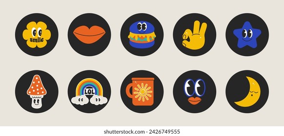 Summer character chat in retro groovy mood. Bundle patch and pack with cool quote slogan. Hippie vector set element in trendy color 90s