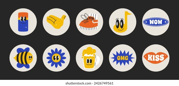 Summer character chat in retro groovy mood. Bundle patch and pack with cool quote slogan. Hippie vector stickers in trendy color 90s