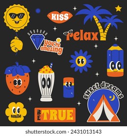 Summer character chat retro groovy mood. Bundle emblem and sticker with comic quote slogan. Vector avatar and icon in trendy color 90s