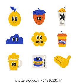 Summer character chat retro groovy mood. Bundle patch and pack with quote slogan. Vector collection avatars comic 90s