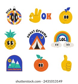 Summer character chat in retro groovy mood. Bundle patch, label avatars with quote slogan. Set icons in trendy y2k, 90s. Vector illustration